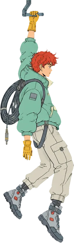 Tuck bergantung satu tangan pada pengait, gulungan kabel di bahu.
